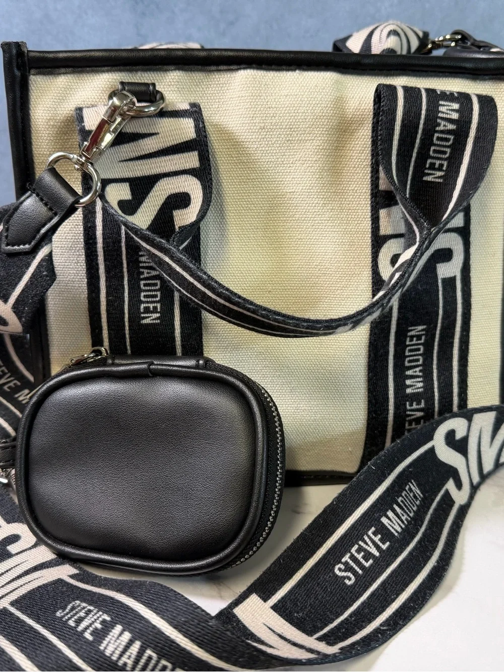 Steve Madden Black & Cream Logo Strap Tote with Coin Pouch
